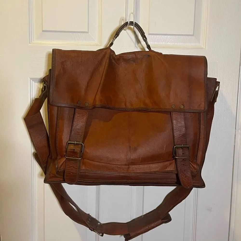 Komal's Passion  Leather distressed tan Messenger Commuter large Shoulder Bag